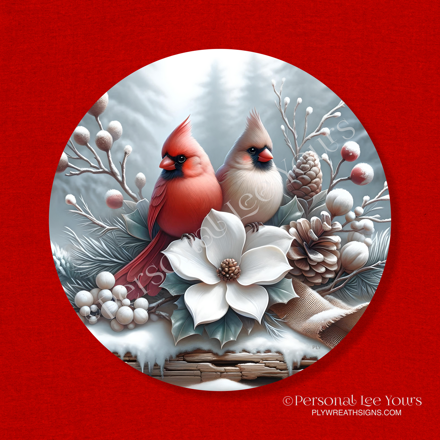 Wreath Sign * Winter's Beauty - Cardinals * Round * Lightweight Metal