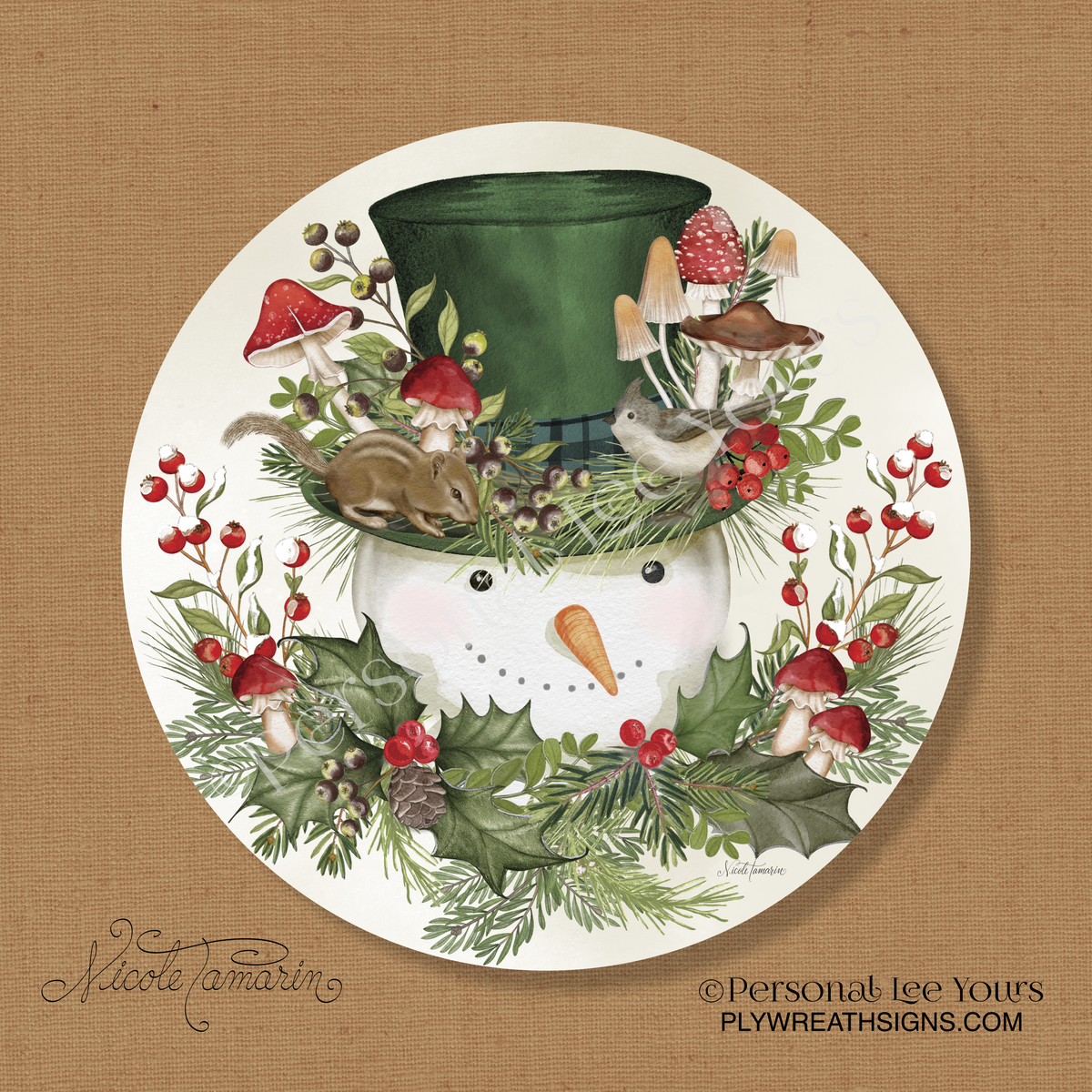 Nicole Tamarin Exclusive Sign * Woodland Snowman * 4 sizes * Round * Lightweight Metal