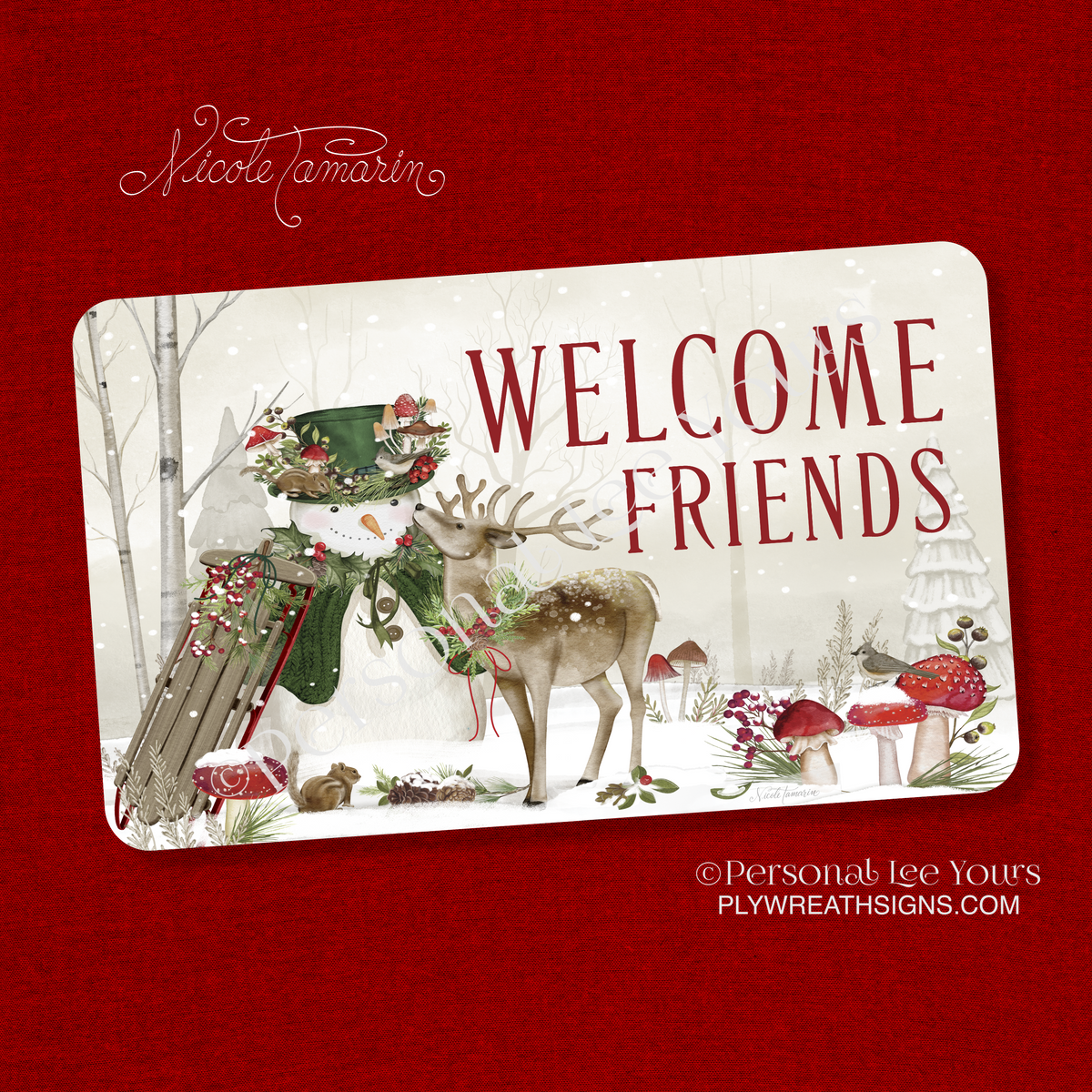 Nicole Tamarin Exclusive Sign * Woodland Snowman and Deer * Horizontal * 3 Sizes * Lightweight Metal