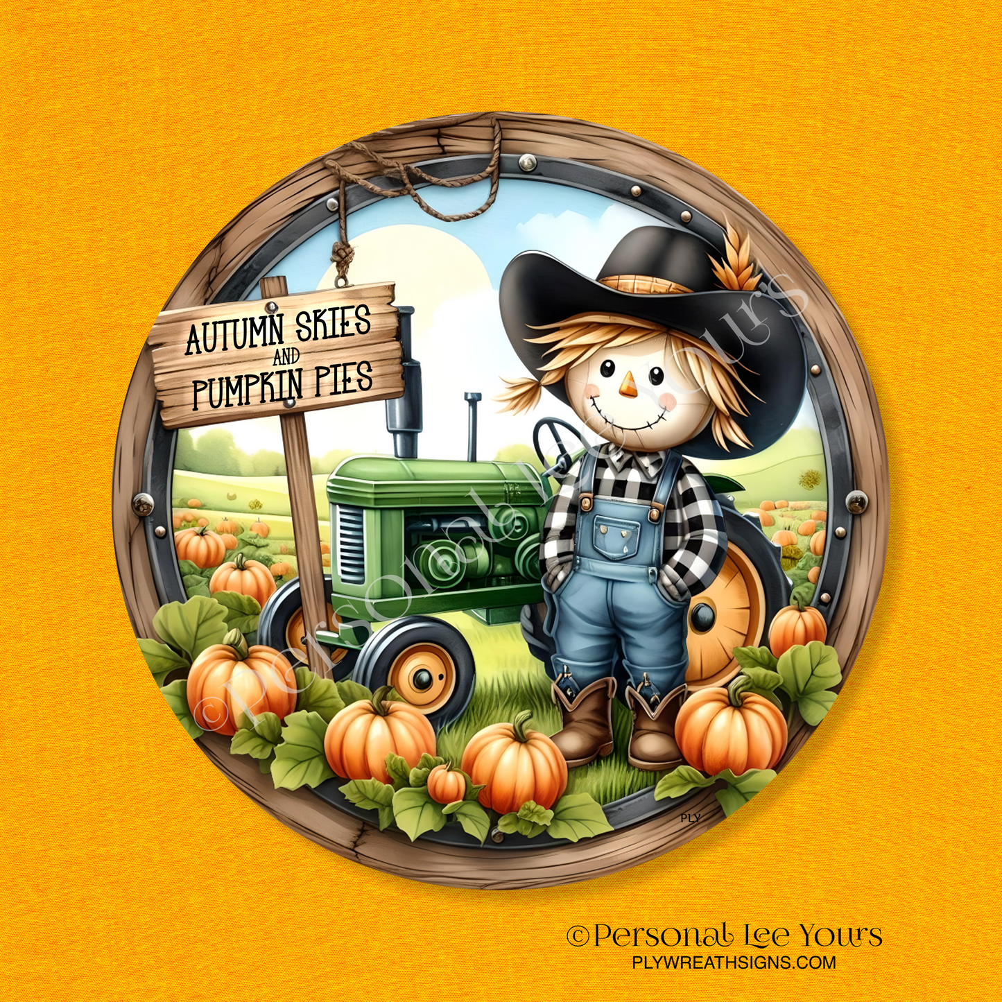 Wreath Sign * Autumn Skies and Pumpkin Pies * Round * Lightweight Metal