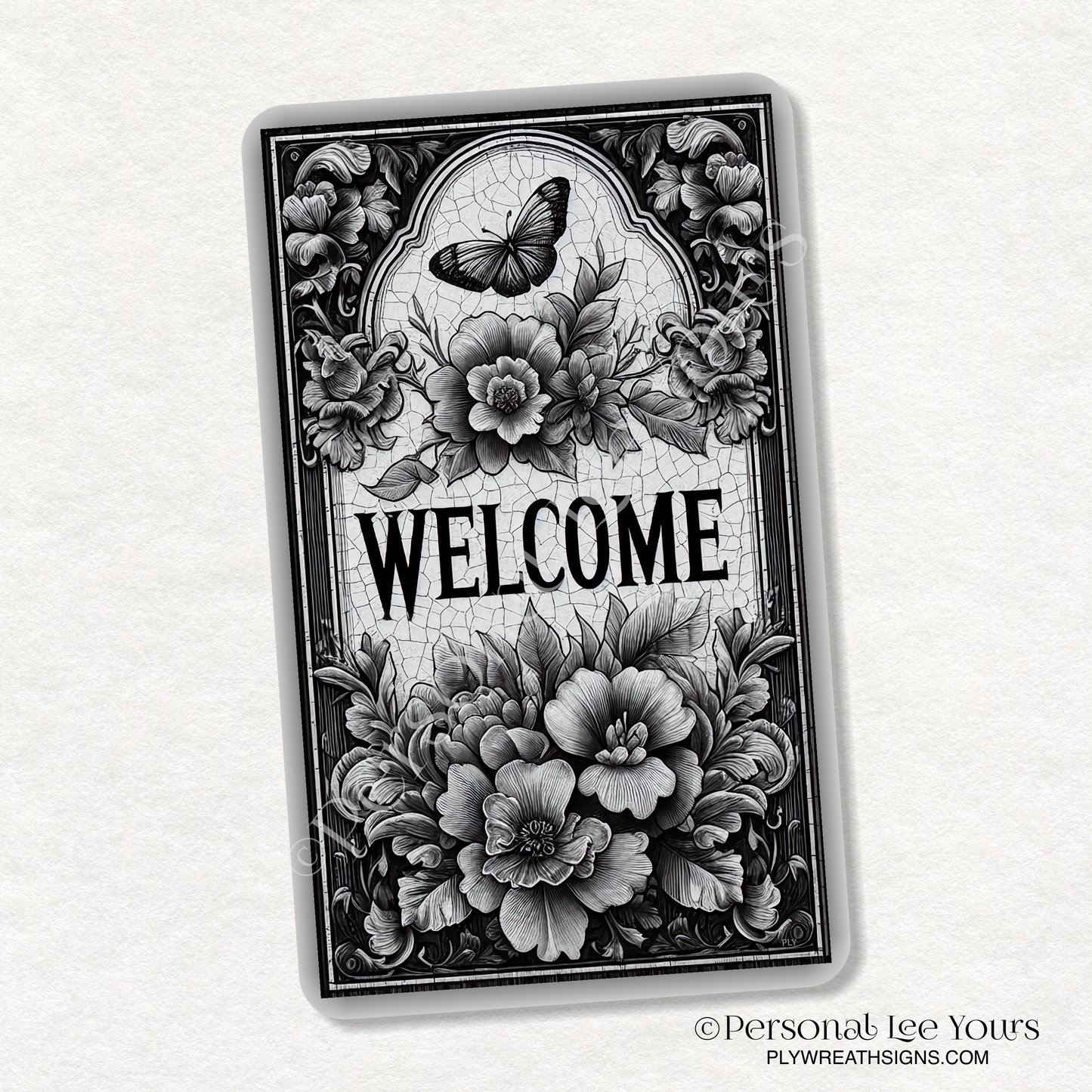 Wreath Sign * Black And White Floral Welcome * Vertical * 4 Sizes * Lightweight Metal