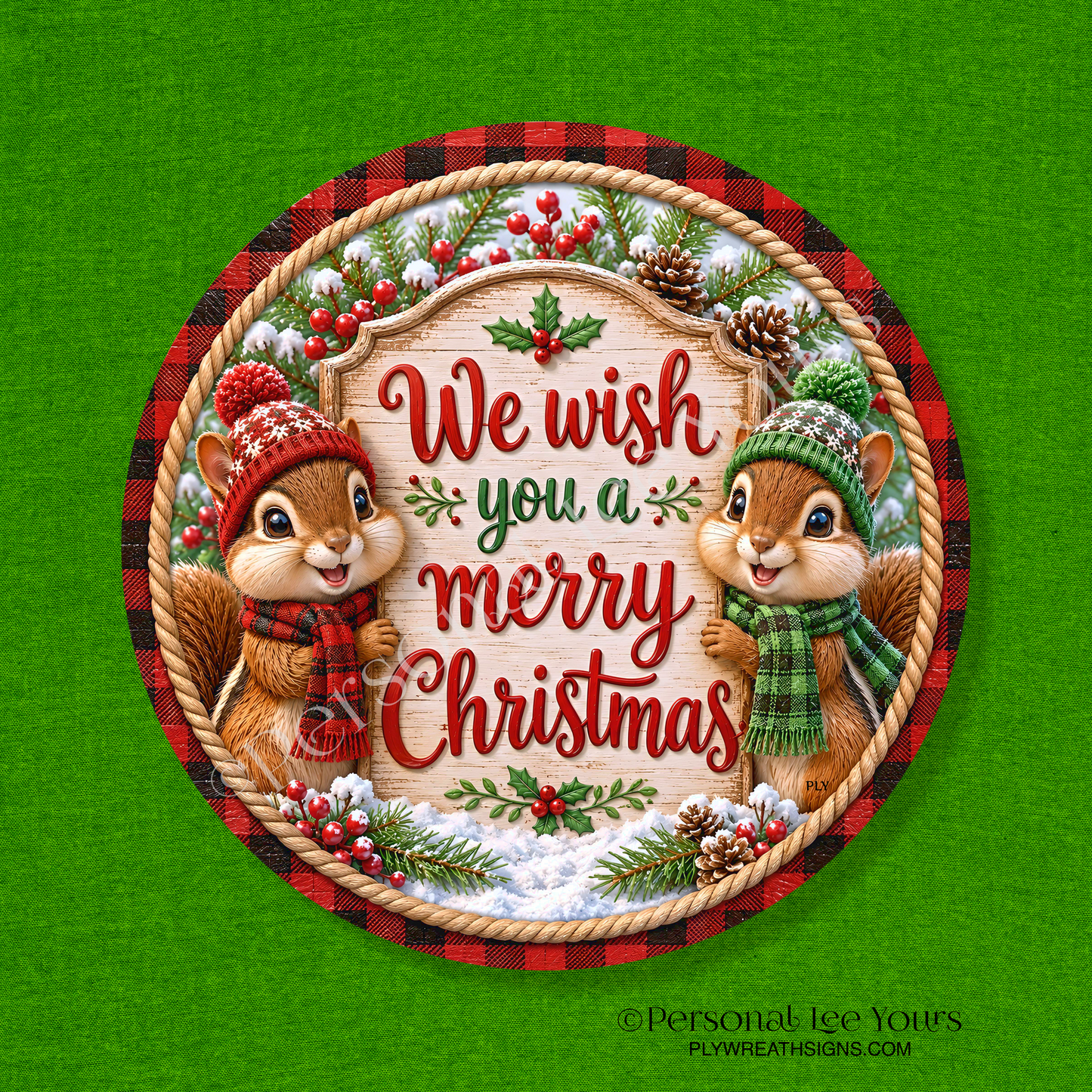 Wreath Sign * Chipmunk Christmas * Round * Lightweight Metal