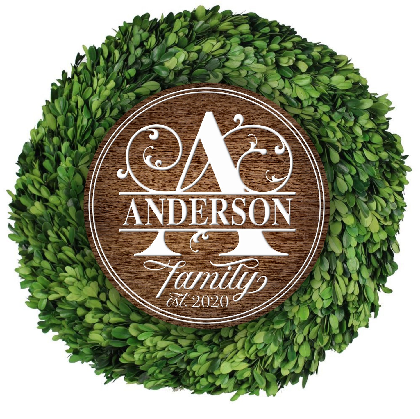 Personalized Wreath Sign * Circle Monogram * "Your  Family Name"  and Established "Year"* Round * Lightweight Metal