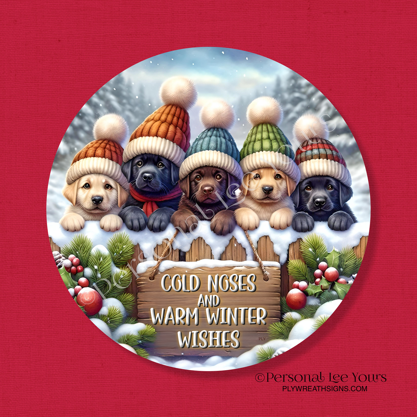 Winter Wreath Sign * Cold Noses and Warm Winter Wishes * Round * Lightweight Metal