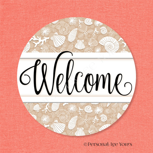 Simple Welcome Wreath Sign * Coastal Beige and White * Round * Lightweight Metal