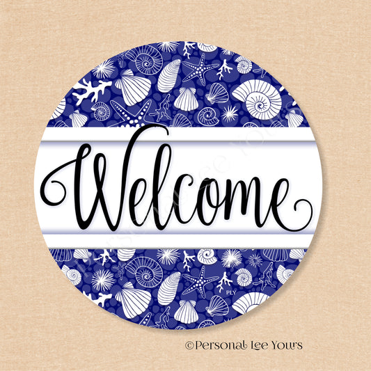 Simple Welcome Wreath Sign * Coastal Navy and White * Round * Lightweight Metal