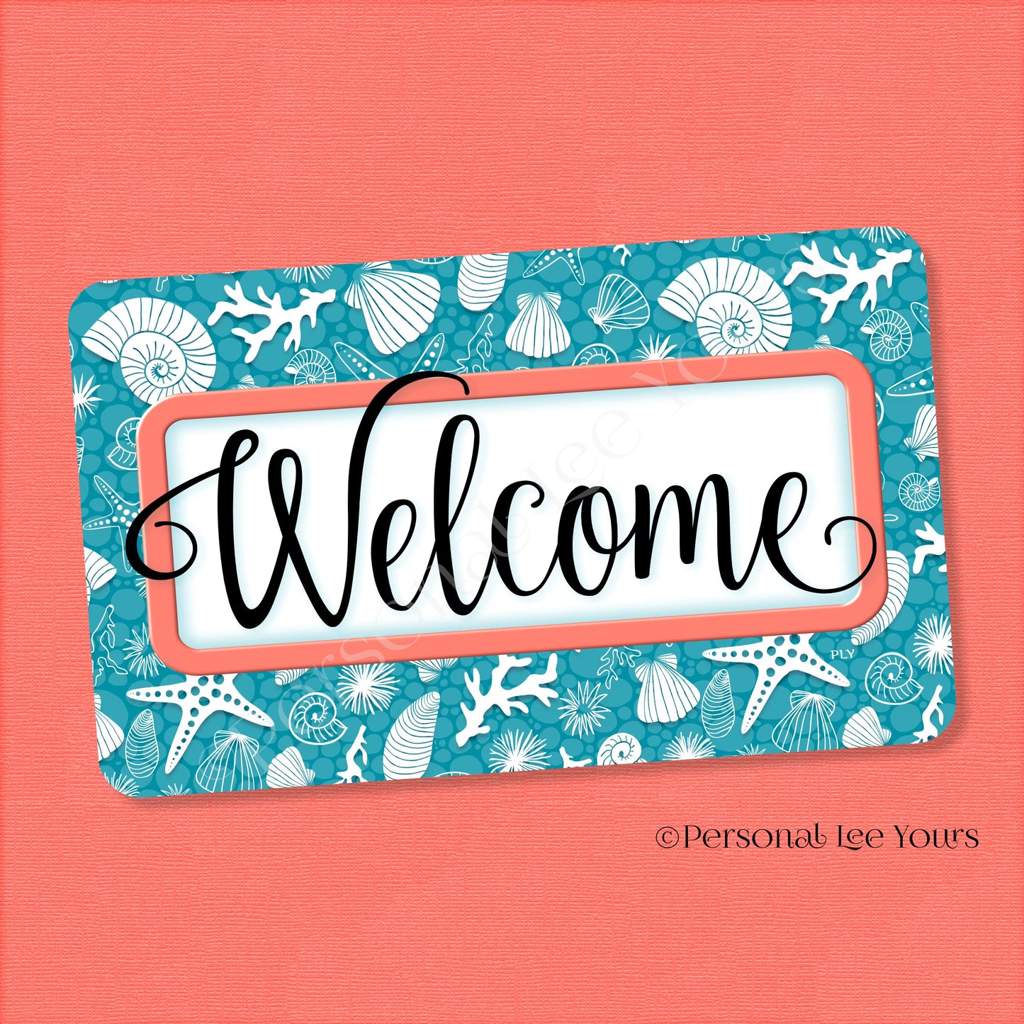 Simple Welcome Wreath Sign * Coastal Teal and Coral * Horizontal * Lightweight Metal