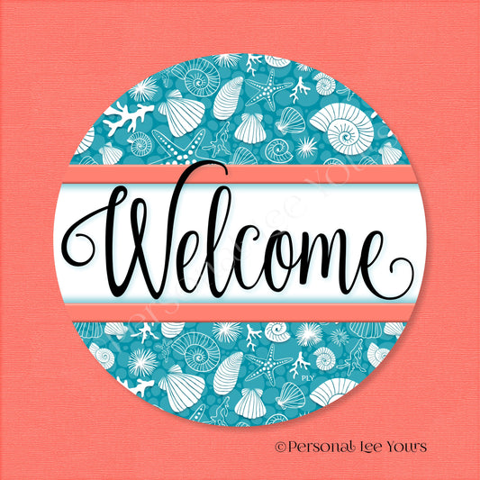 Simple Welcome Wreath Sign * Coastal Teal and Coral * Round * Lightweight Metal