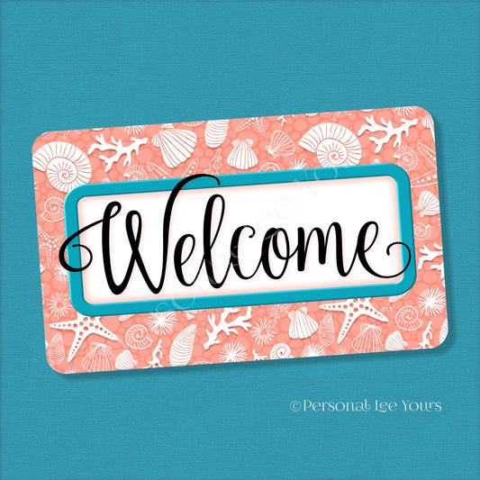 Simple Welcome Wreath Sign * Coastal Coral and Teal * Horizontal * Lightweight Metal
