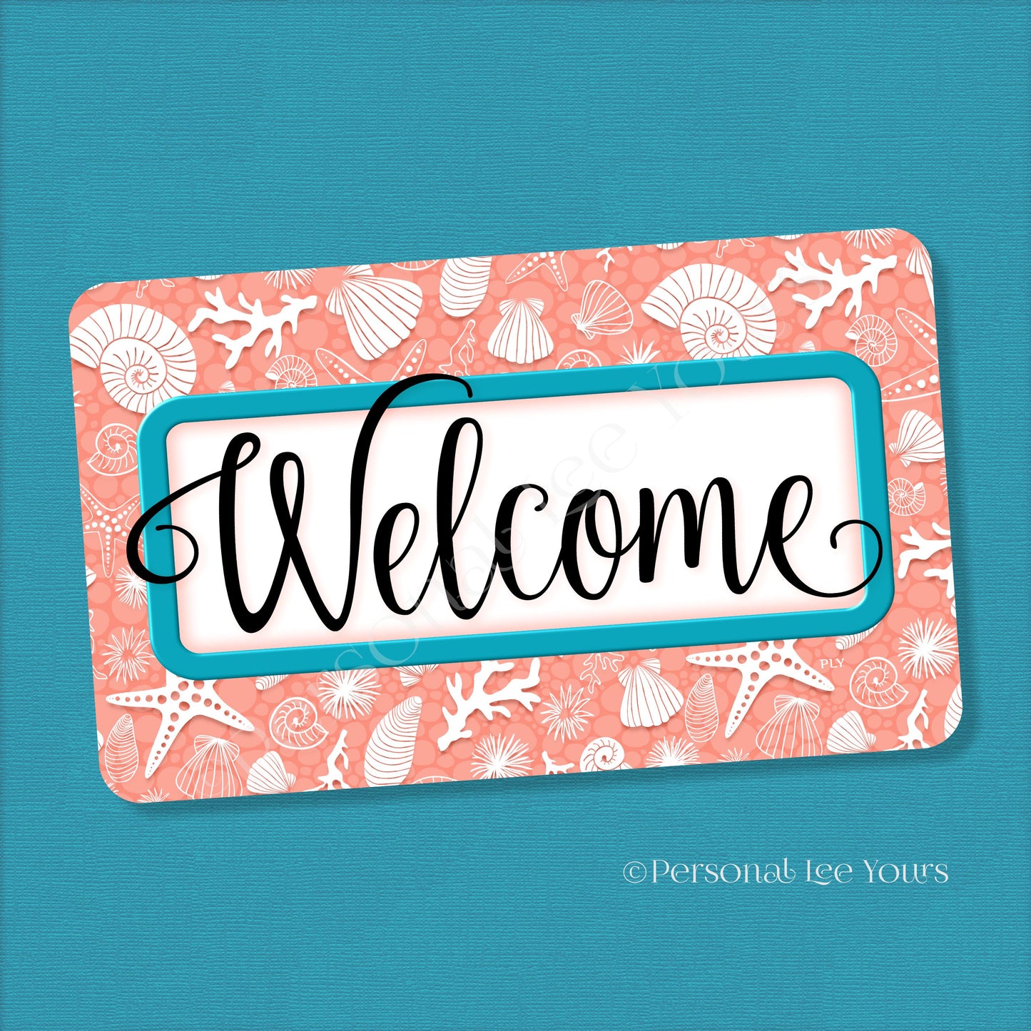 Simple Welcome Wreath Sign * Coastal Coral and Teal * Horizontal * Lightweight Metal