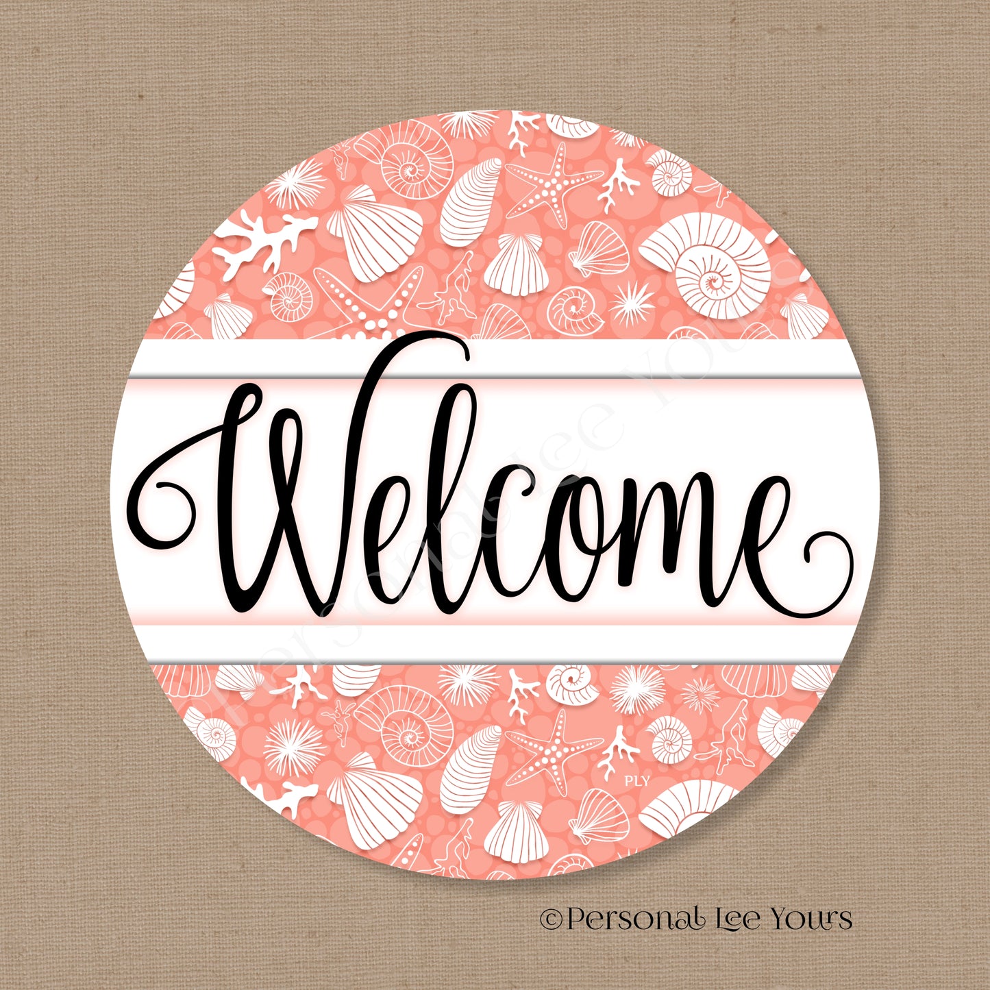 Simple Welcome Wreath Sign * Coastal * Coral and White * Round * Lightweight Metal