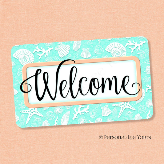 Simple Welcome Wreath Sign * Coastal Mint and Peach * Horizontal * Lightweight Metal