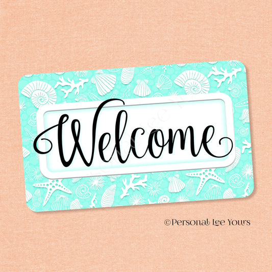 Simple Welcome Wreath Sign * Coastal Mint and White * Horizontal * Lightweight Metal