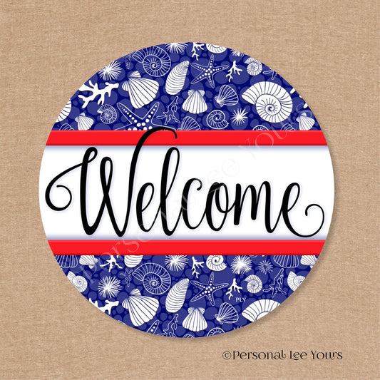 Simple Welcome Wreath Sign * Coastal Navy and Red * Round * Lightweight Metal