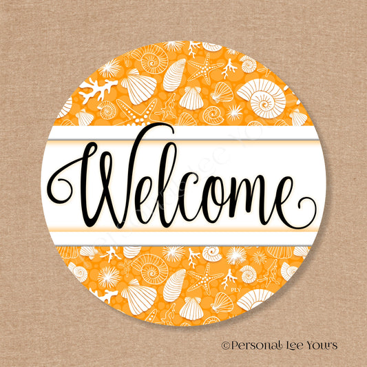 Simple Welcome Wreath Sign * Coastal Orange and White * Round * Lightweight Metal
