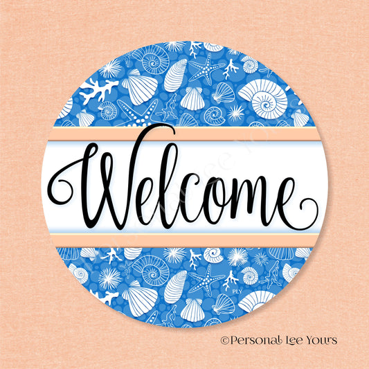 Simple Welcome Wreath Sign * Coastal Royal Blue and Peach * Round * Lightweight Metal