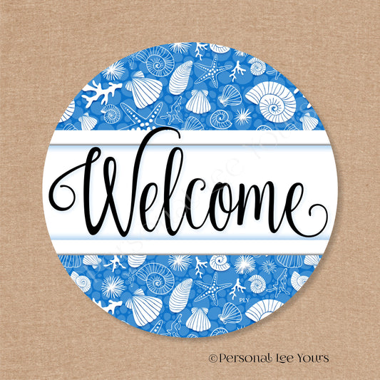 Simple Welcome Wreath Sign * Coastal Royal Blue and White * Round * Lightweight Metal