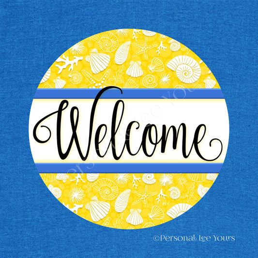 Simple Welcome Wreath Sign * Coastal Yellow and Blue * Round * Lightweight Metal