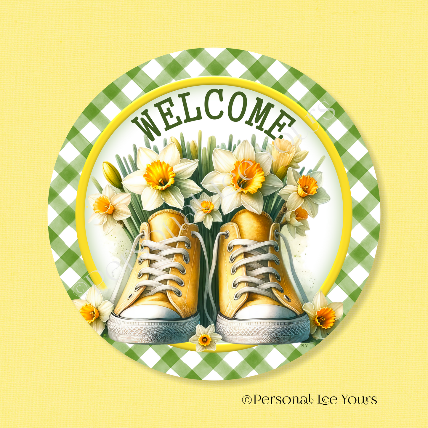 Wreath Sign * Daffodil Sneakers Welcome * Round * Lightweight Metal