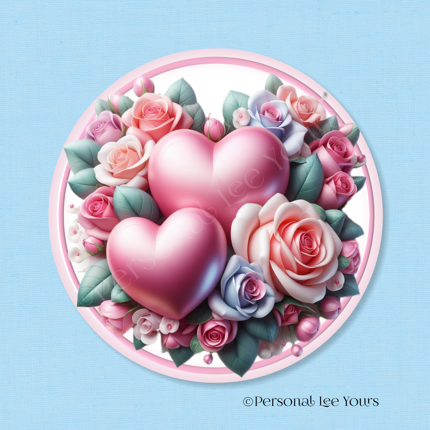 Valentine's Day Wreath Sign * Double Pink Hearts * Round * Lightweight Metal