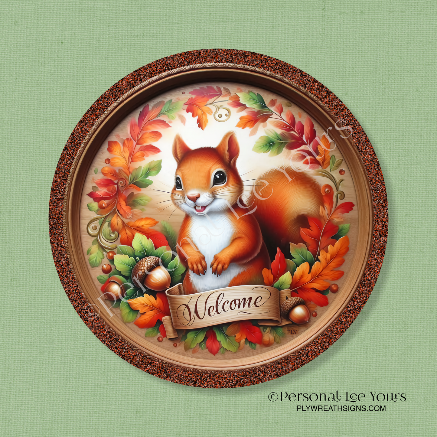 Wreath Sign * Fall Squirrel Welcome * Round * Lightweight Metal