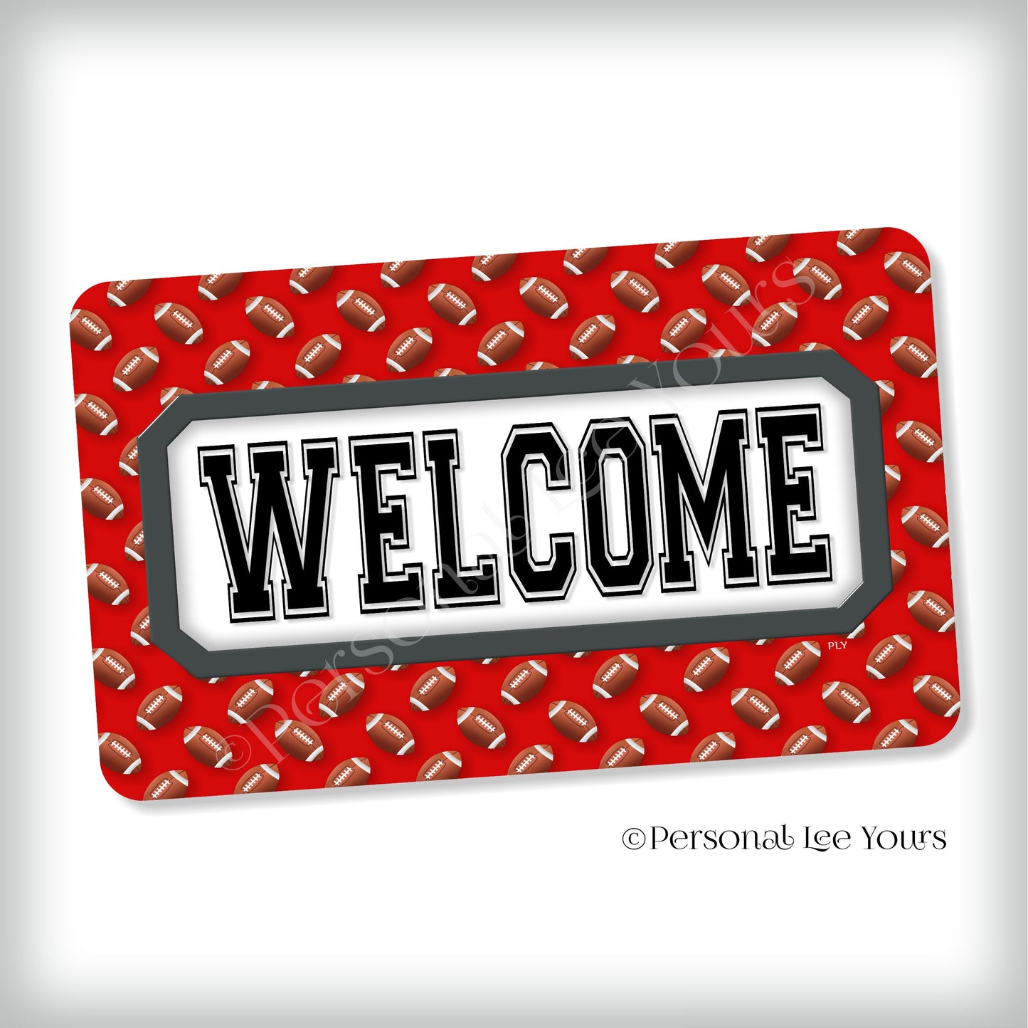 Simple Welcome Wreath Sign * Football, Tampa Bay Red and Pewter * Horizontal * Lightweight Metal
