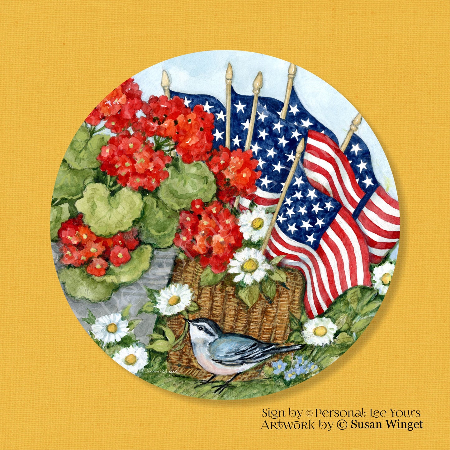 Susan Winget Exclusive Sign * Geraniums and Flags * Round * Lightweight Metal