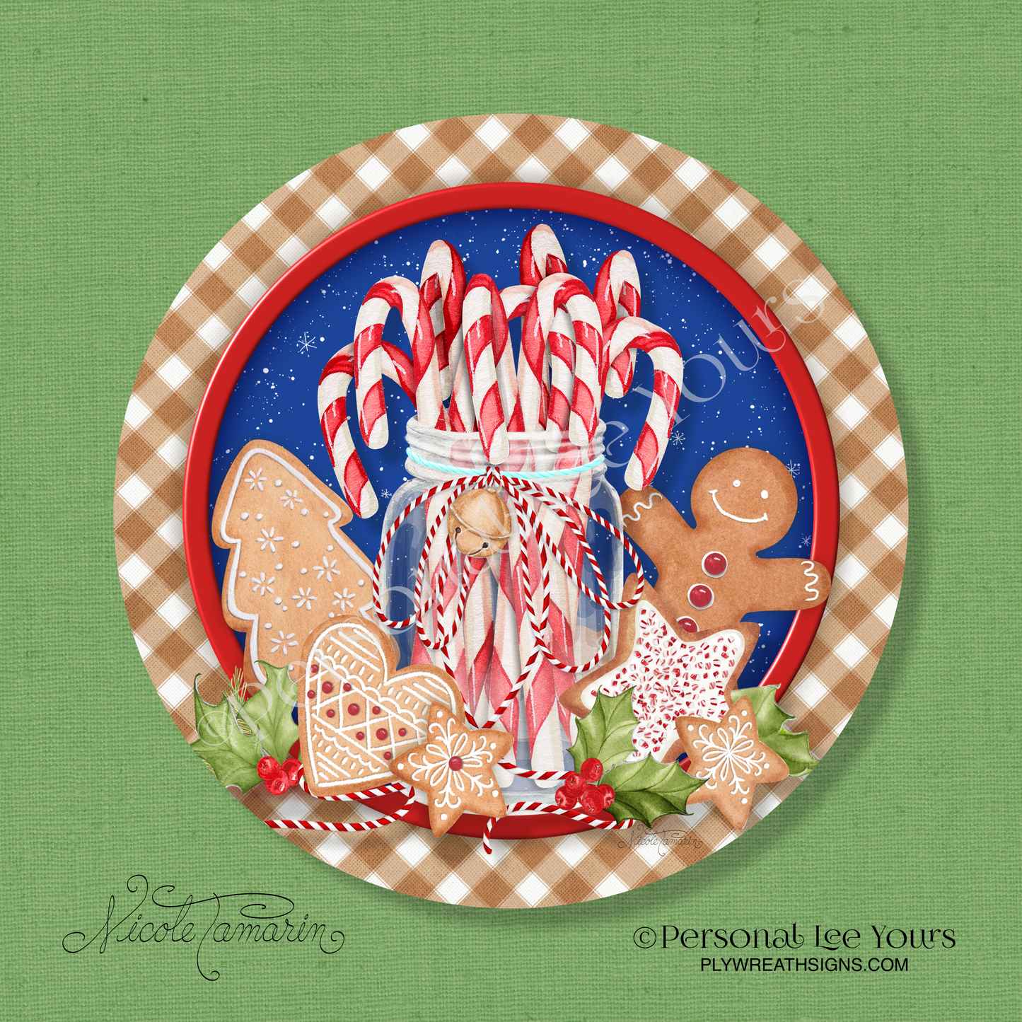 Nicole Tamarin Exclusive Sign * Gingerbread and Peppermint * Round * Lightweight Metal