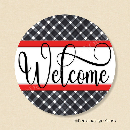 Simple Welcome Wreath Sign * Gingham Welcome * Black/Red * Round * Lightweight Metal