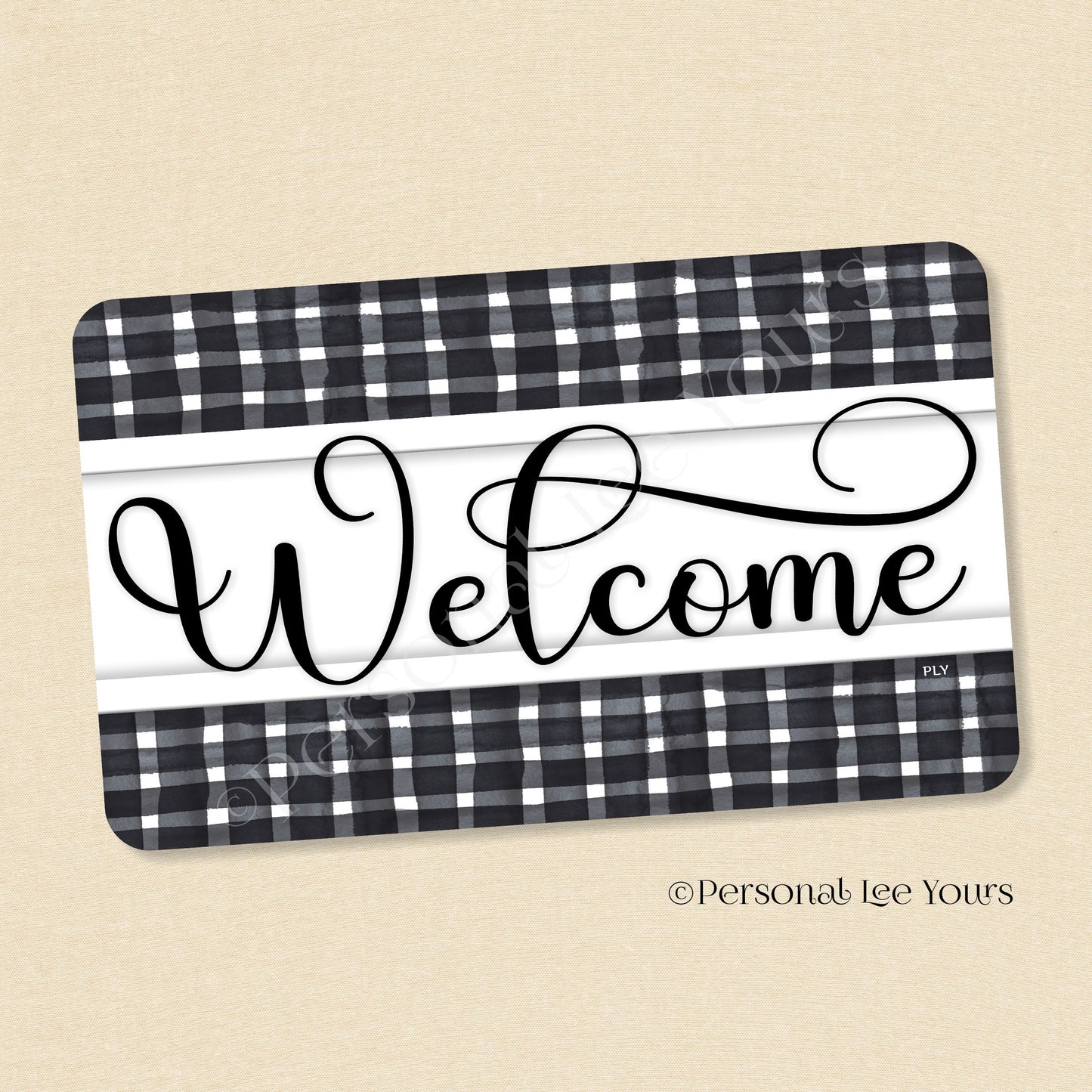 Simple Welcome Wreath Sign * Gingham Welcome * Black/White * Horizontal * Lightweight Metal