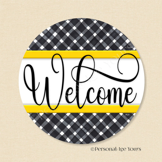 Simple Welcome Wreath Sign * Gingham Welcome * Black/Yellow * Round * Lightweight Metal