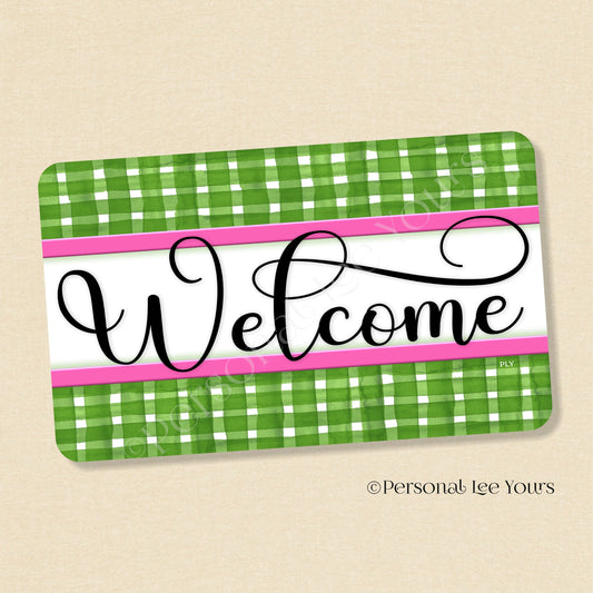 Simple Welcome Wreath Sign * Gingham Welcome * Green/Hot Pink * Horizontal * Lightweight Metal