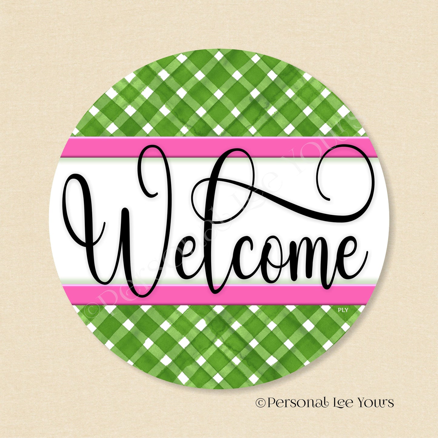 Simple Welcome Wreath Sign * Gingham Welcome * Green/Hot Pink * Round * Lightweight Metal