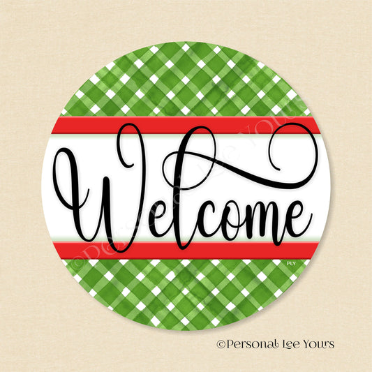 Simple Welcome Wreath Sign * Gingham Welcome * Green/Red * Round * Lightweight Metal