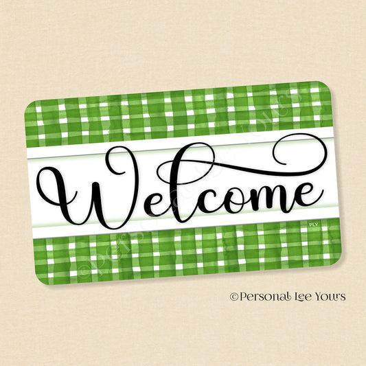 Simple Welcome Wreath Sign * Gingham Welcome * Green/White * Horizontal * Lightweight Metal