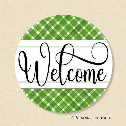 Simple Welcome Wreath Sign * Gingham Welcome * Green/White * Round * Lightweight Metal