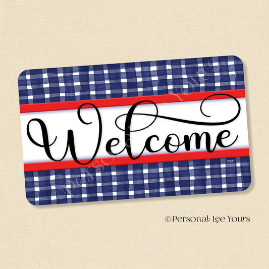 Simple Welcome Wreath Sign * Gingham Welcome * Navy/Red * Horizontal * Lightweight Metal