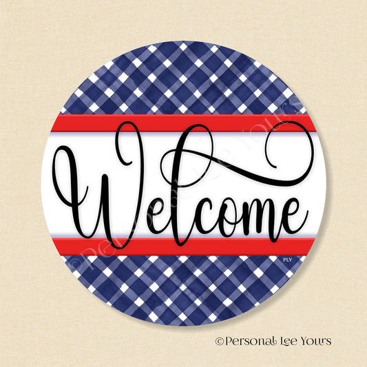 Simple Welcome Wreath Sign * Gingham Welcome * Navy/Red * Round * Lightweight Metal