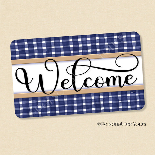 Simple Welcome Wreath Sign * Gingham Welcome * Navy/Tan * Horizontal * Lightweight Metal