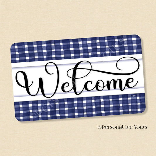 Simple Welcome Wreath Sign * Gingham Welcome * Navy/White * Horizontal * Lightweight Metal