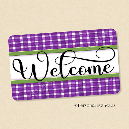Simple Welcome Wreath Sign * Gingham Welcome * Purple/Fern * Horizontal * Lightweight Metal