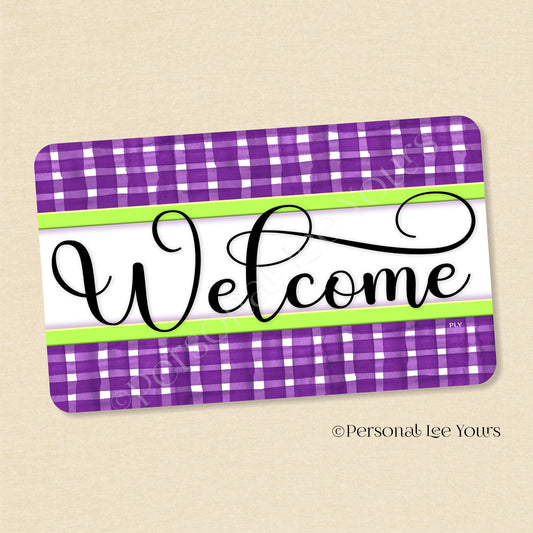 Simple Welcome Wreath Sign * Gingham Welcome * Purple/Lime * Horizontal * Lightweight Metal