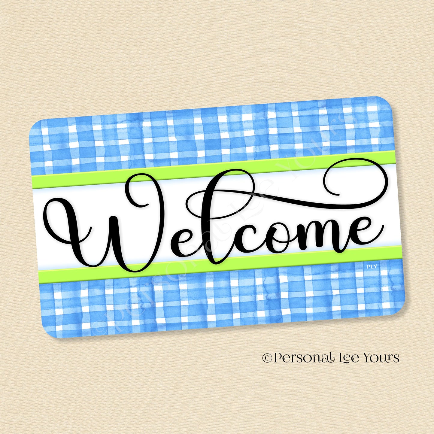 Simple Welcome Wreath Sign * Gingham Welcome * Sky Blue/Lime * Horizontal * Lightweight Metal