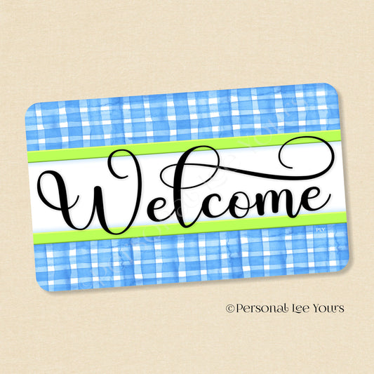Simple Welcome Wreath Sign * Gingham Welcome * Sky Blue/Lime * Horizontal * Lightweight Metal