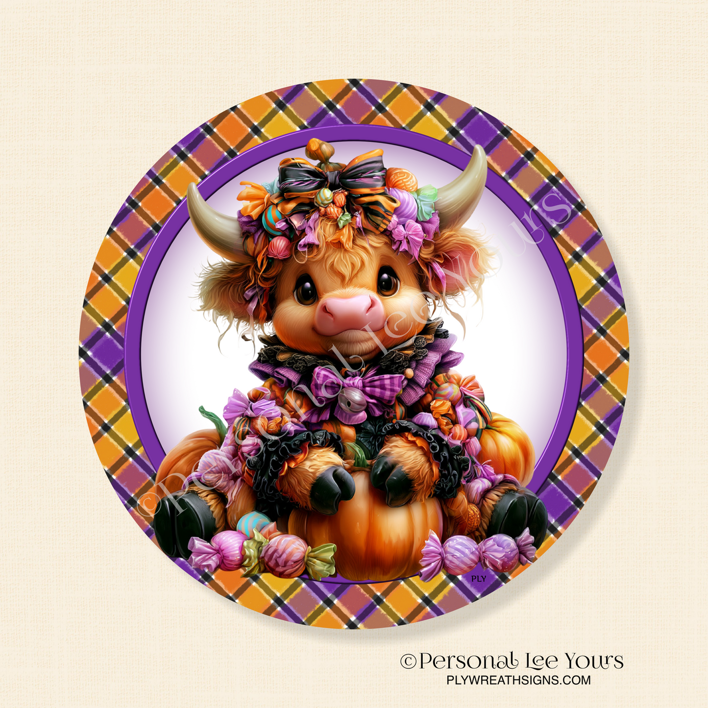Wreath Sign * Halloween Dress Up Highland Cow * Round * Lightweight Metal
