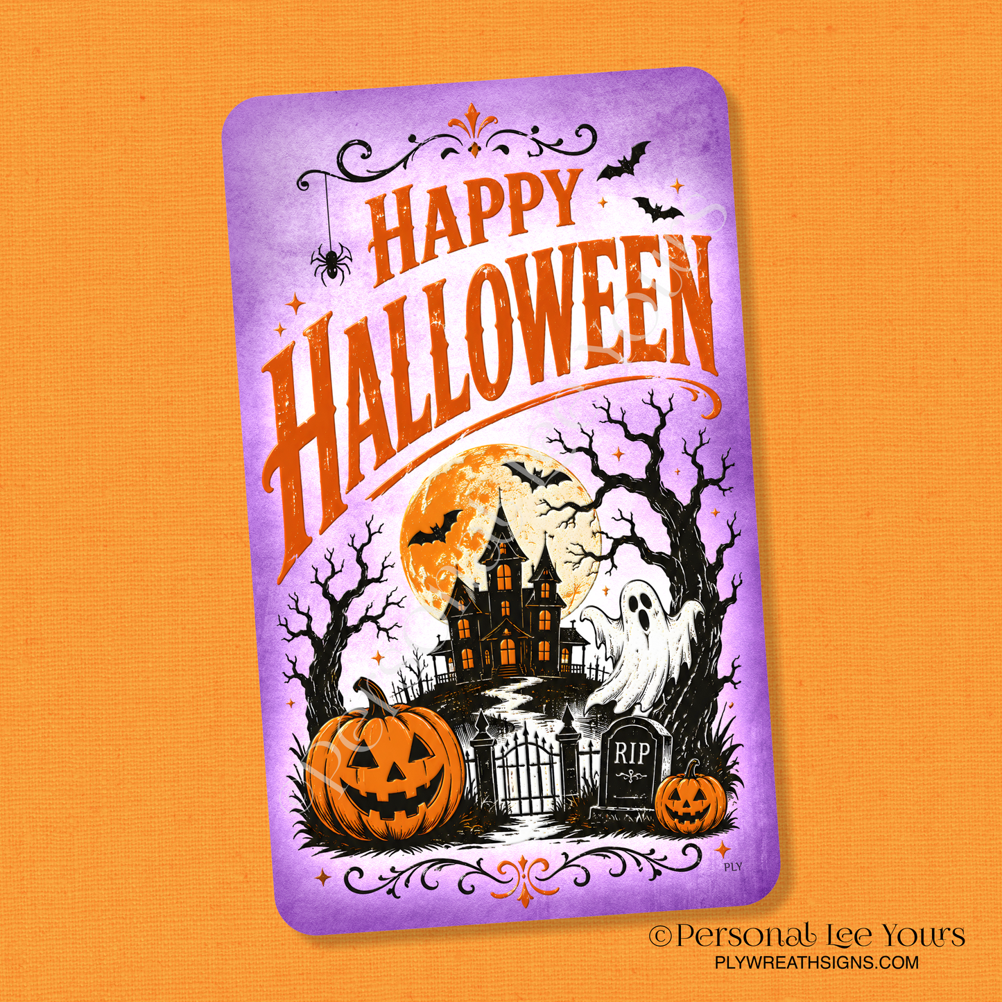Wreath Sign * Happy Halloween Haunted House * Vertical * 3 Sizes * Lightweight Metal