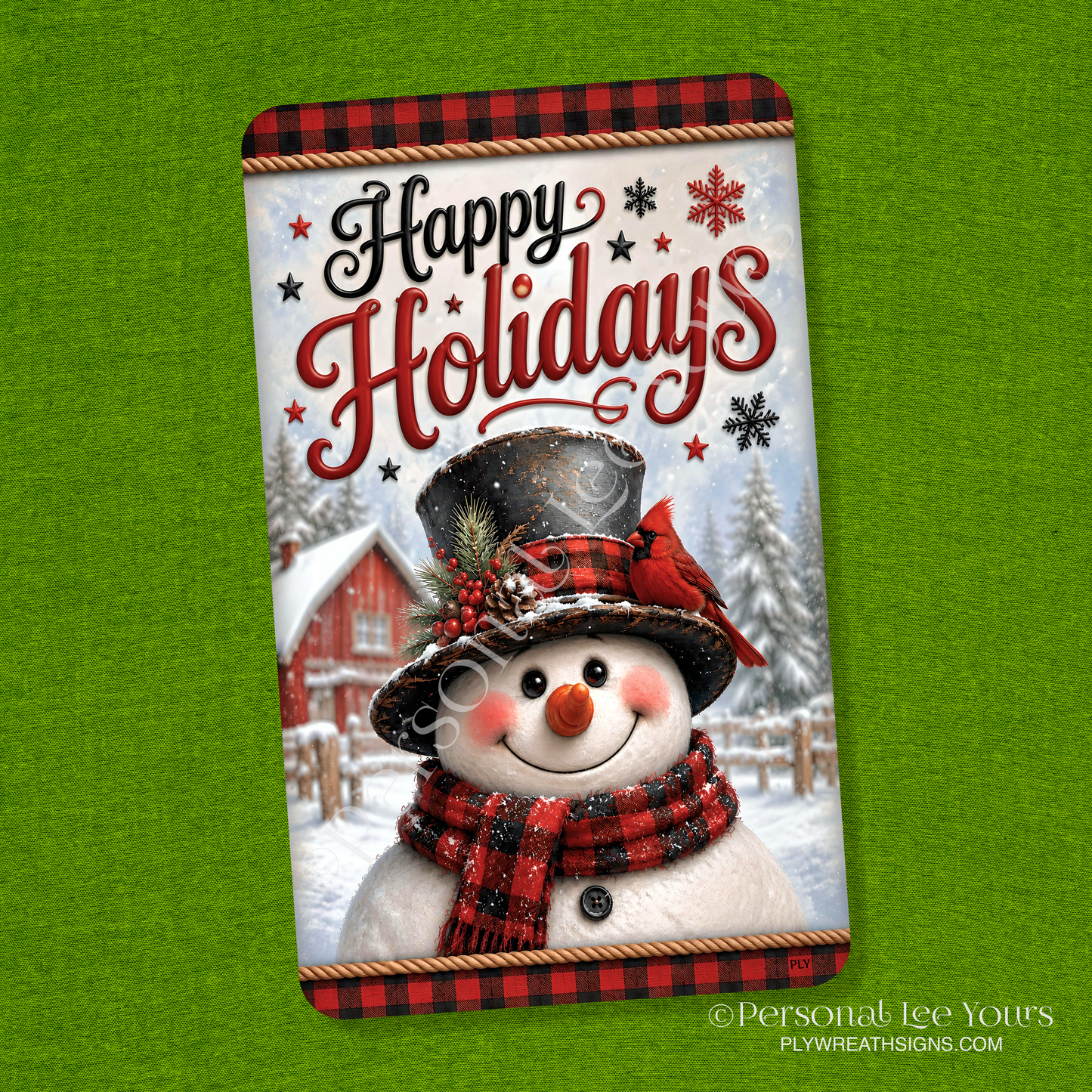 Wreath Sign * Happy Holidays Red and Black Snowman * Vertical * 3 Sizes * Lightweight Metal