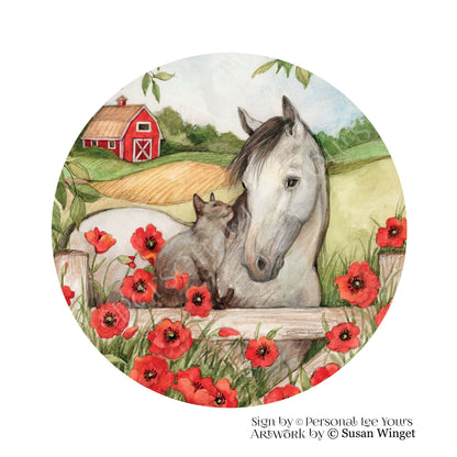 Susan Winget Exclusive Sign * Horse, Cat and Poppies  *  Round * Lightweight Metal