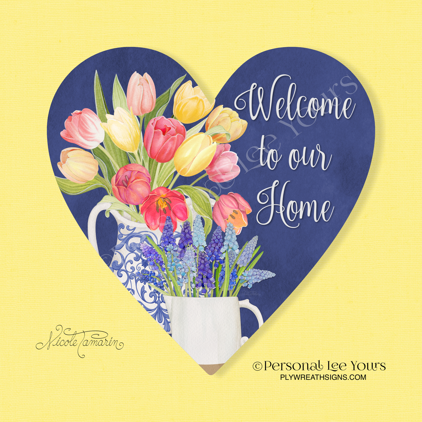 Nicole Tamarin Heart Shape Wreath Sign * Welcome To Our Home Tulips * 3 Sizes * Lightweight Metal * Exclusive