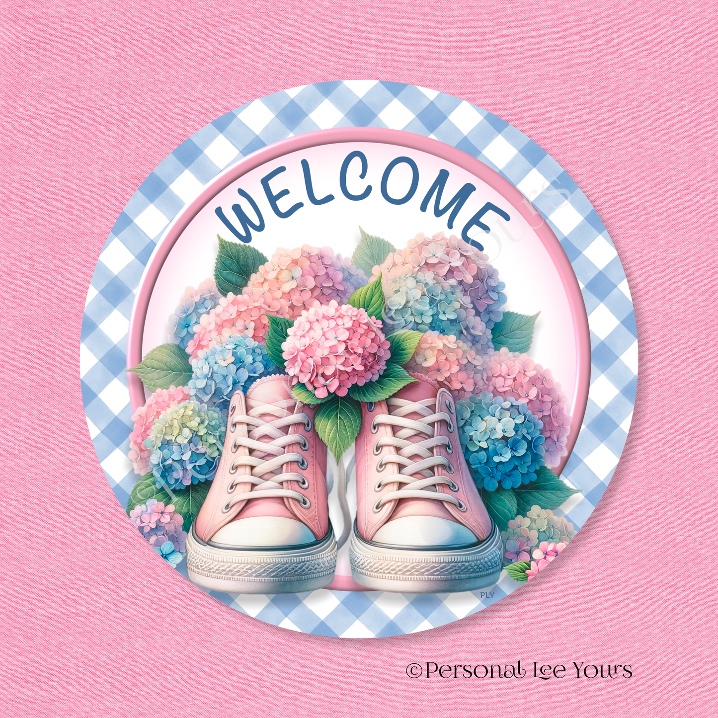 Wreath Sign * Hydrangea Sneakers Welcome * Round * Lightweight Metal